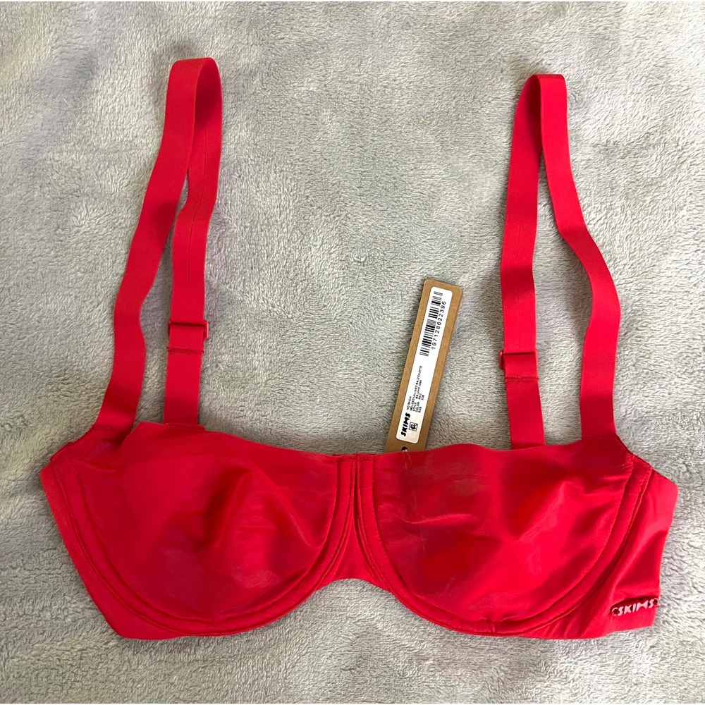 SKIMS 30B No Show Molded Unlined Balconette Bra Sheer Bright Red BR-UWR-2054 NEW
